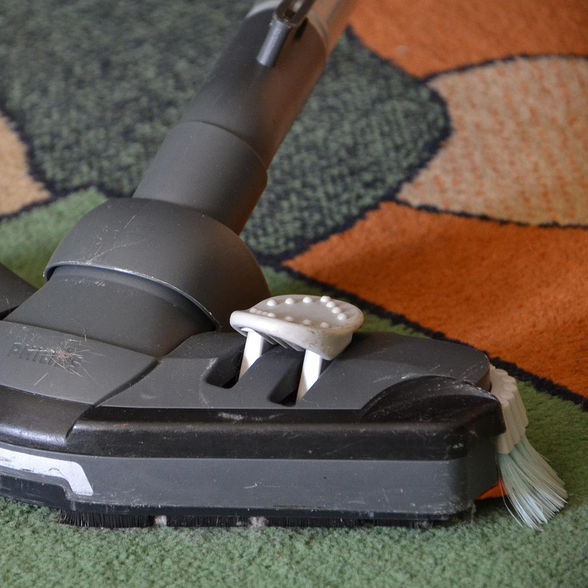 Maid vacuuming carpets
